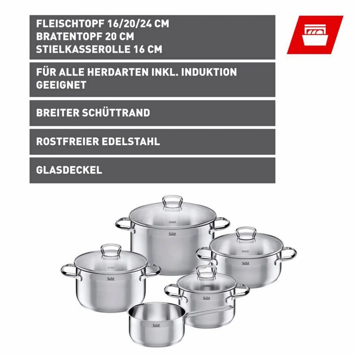 Silit Toskana Topf-Set, 9-teilig, ergonomische Griffe, für alle Herdarten geeignet 2