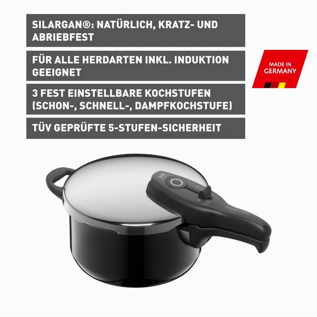 Silit Sicomatic T-PLUS Schnellkochtopf, 3 Kochstufen, Induktionsgeeignet, Made in Germany 2
