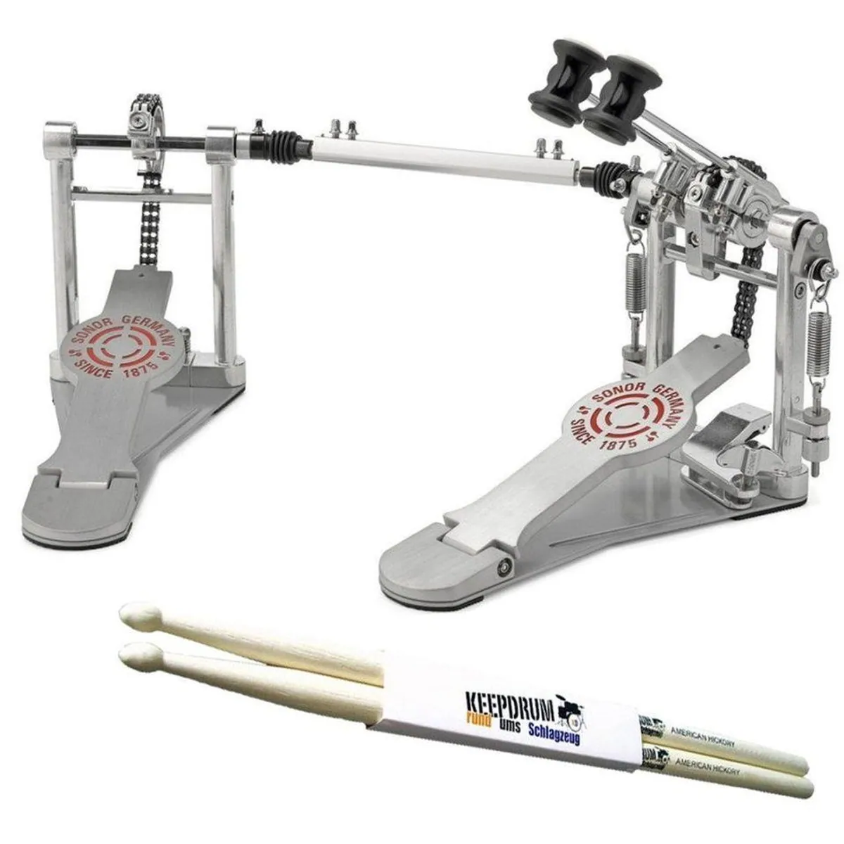 SONOR DP 4000 Doppelpedal, kraftvoller Antrieb, rutschfeste Bodenplatte, inklusive Drumsticks