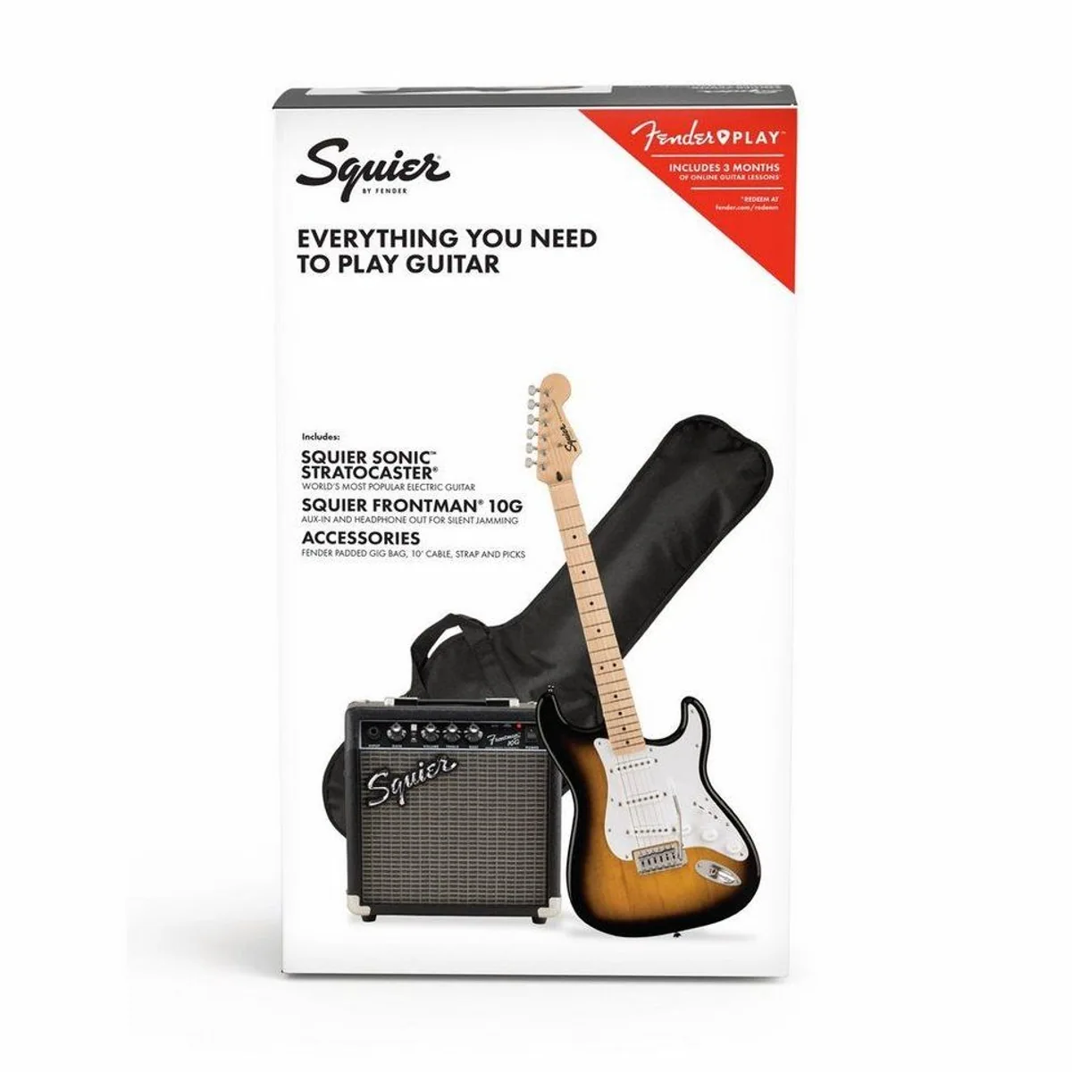 Squier Sonic Series Stratocaster Pack MN, E-Gitarre, Verstärker & Zubehör — Einsteigerfreundliches Set
