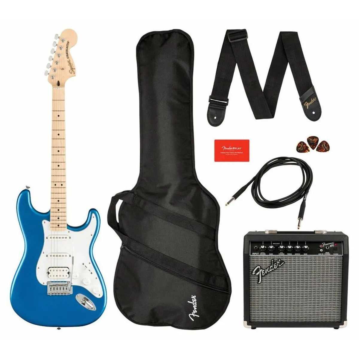 Squier Affinity Stratocaster HSS Pack, vielseitige E-Gitarre mit Verstärker — 5-Wege-Schalter, leichtes Handling, komplettes Zubehör