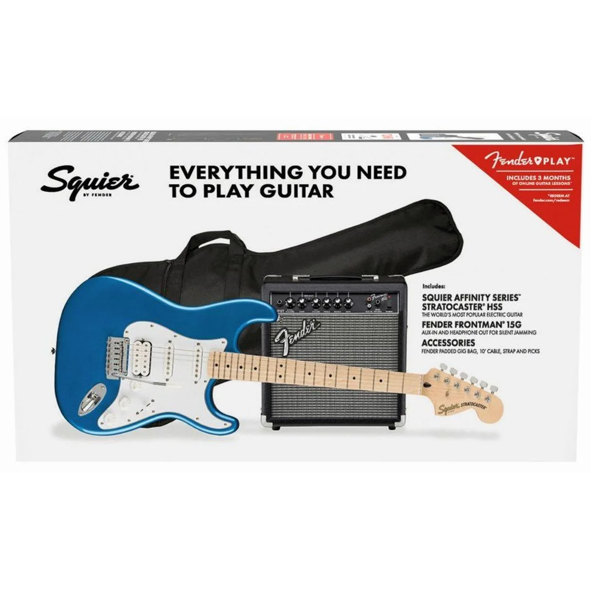 Squier Affinity Stratocaster HSS Pack, vielseitige E-Gitarre mit Verstärker — 5-Wege-Schalter, leichtes Handling, komplettes Zubehör 5