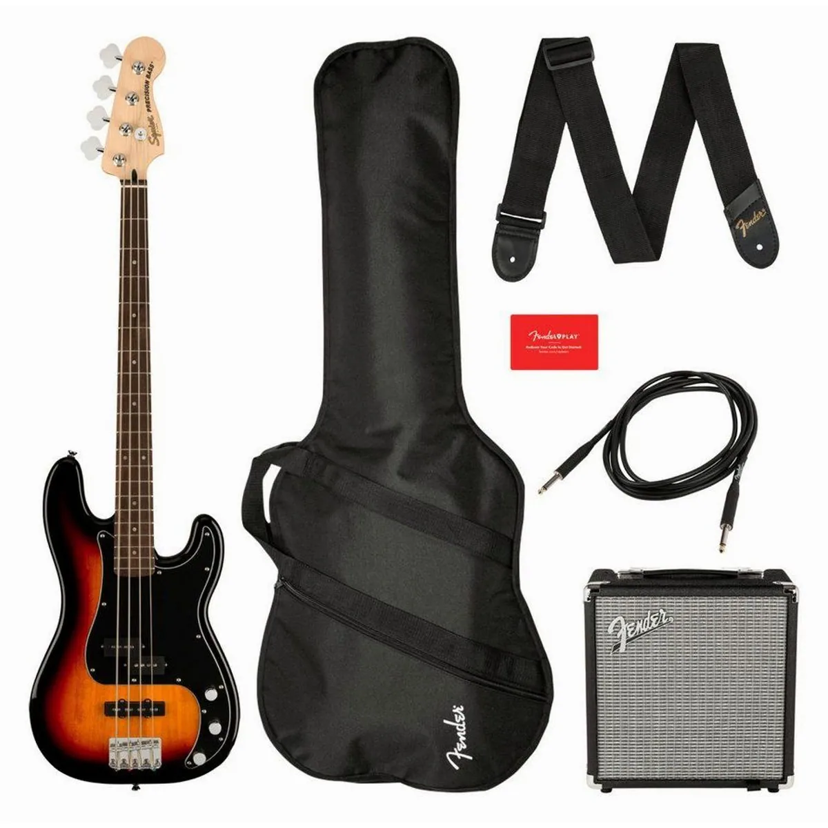Squier Affinity Precision Bass PJ Pack, vielseitiges E-Bass Starter-Set — inkl. Verstärker, Gigbag, Gurt, Kabel
