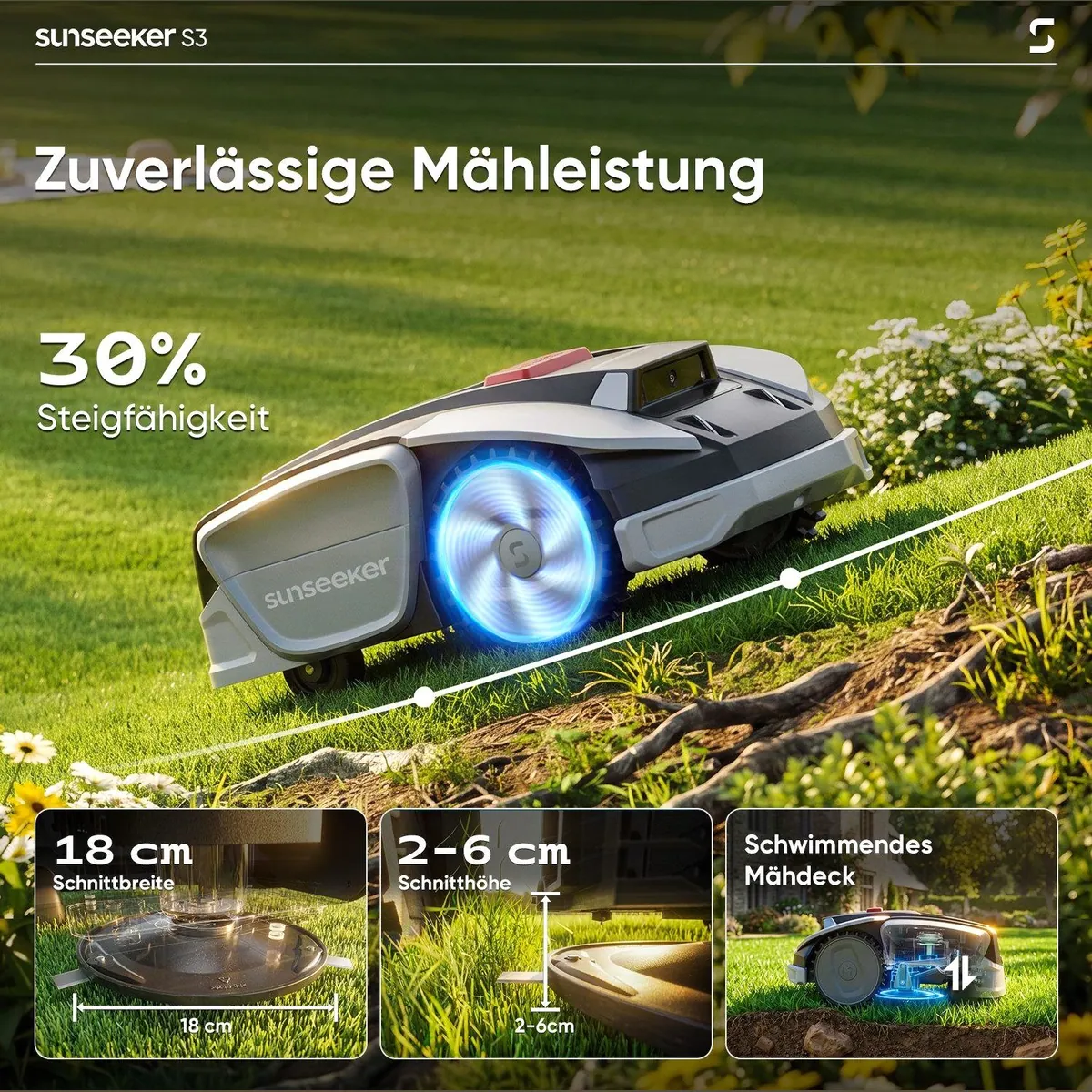 Sunseeker S3 Rasenmähroboter, präzise Navigation, App-Steuerung, bis 800 m² 2