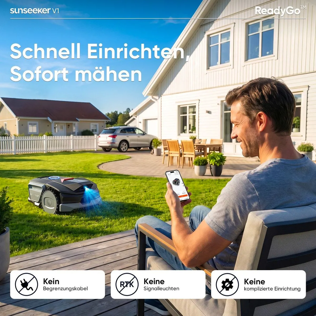 Sunseeker V1 Rasenmähroboter, einfache Bedienung, Vision AI, leise 55 dB 2