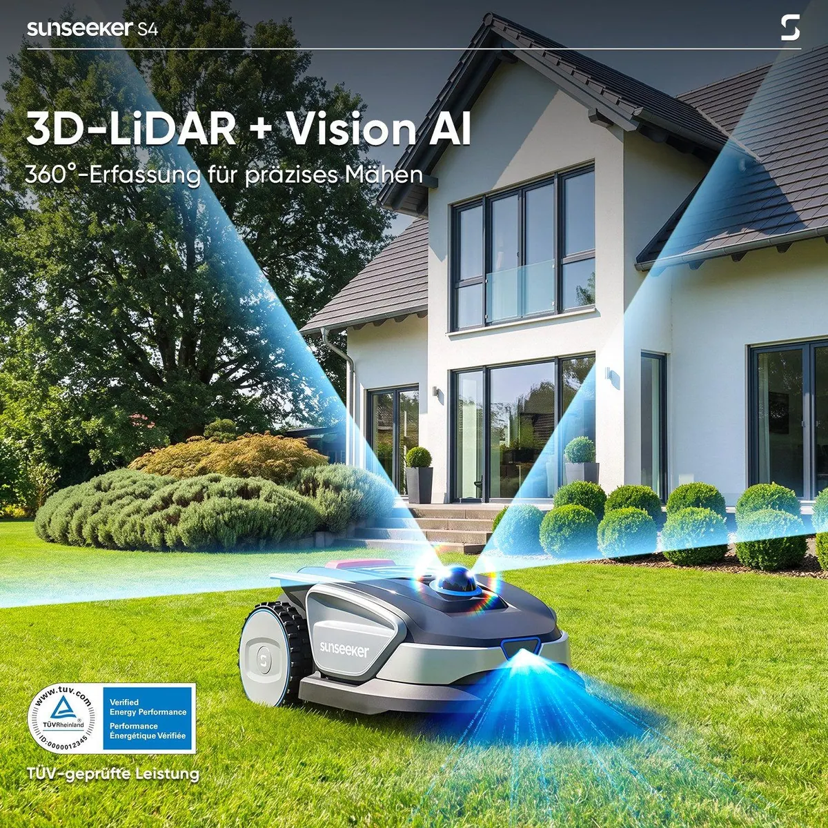 Sunseeker S4 Rasenmähroboter, 1000 m² Flächenabdeckung, 3D LiDAR + KI-Navigation 3
