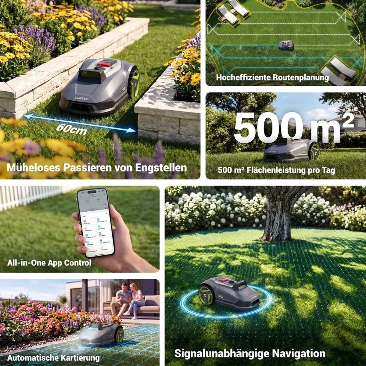 SUNTEK Mähroboter Triple-Kamera-System, kabellos, bis 500 m², App-gesteuert 2