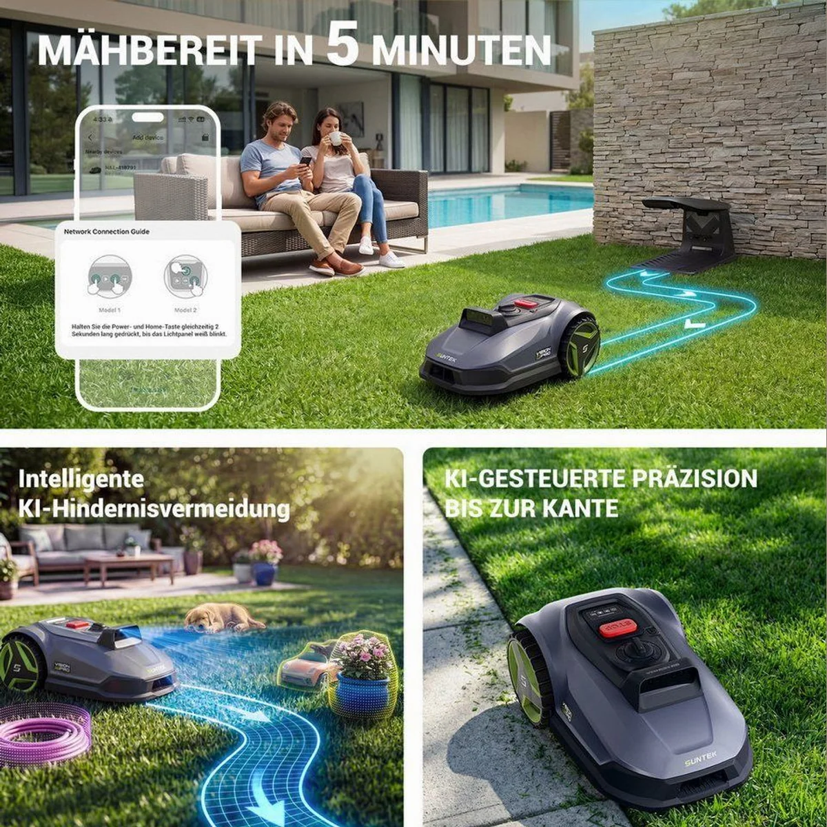 SUNTEK Mähroboter Triple-Kamera-System, kabellos, bis 500 m², App-gesteuert 3
