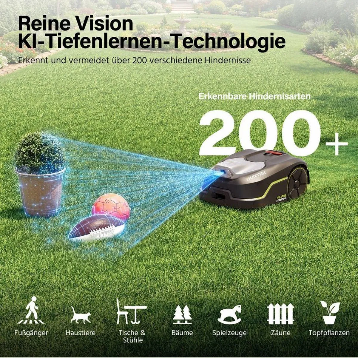 SUNTEK Pure Vision Mähroboter, KI-Technologie, App-Steuerung, bis 250 m² 2