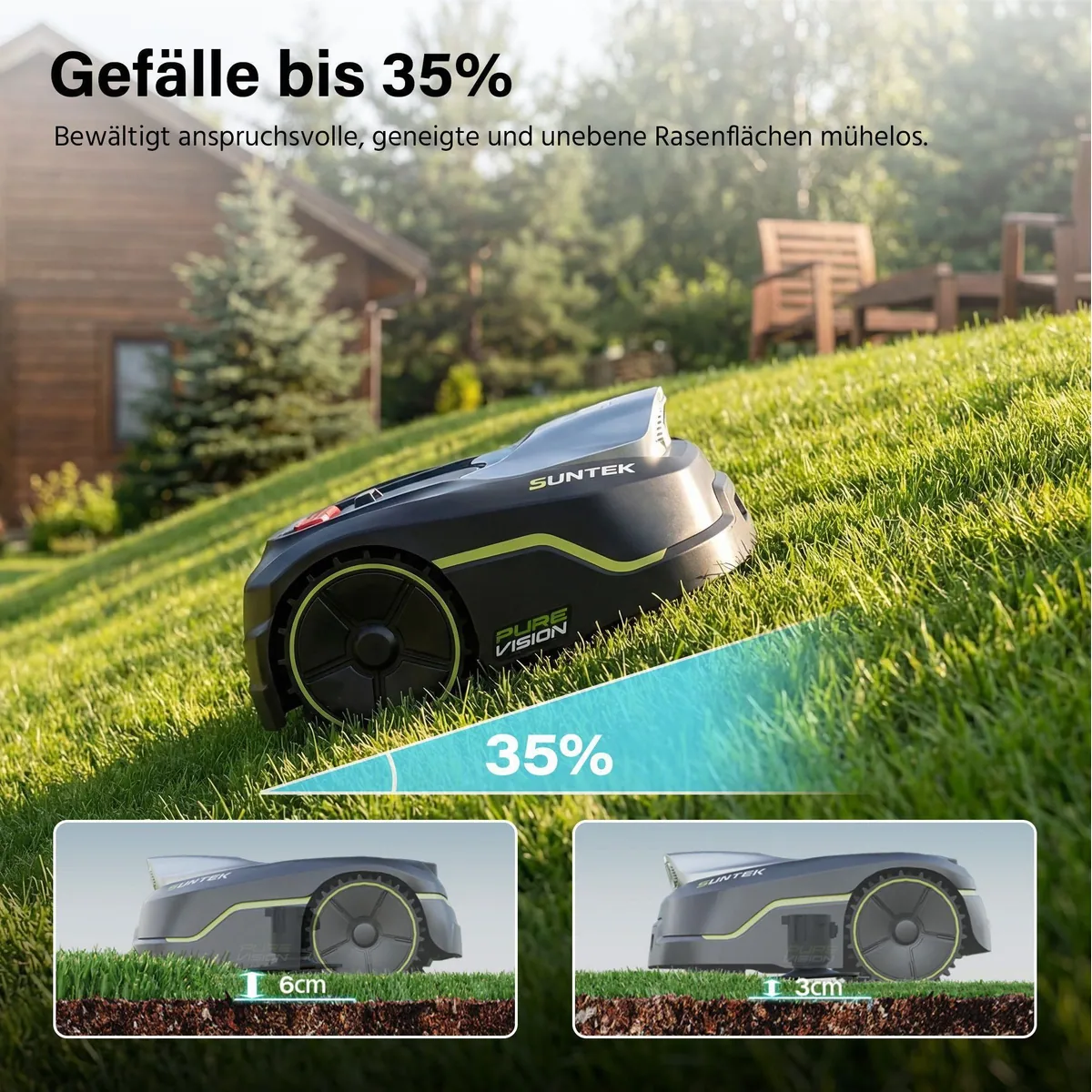 Suntek Pure Vision Mähroboter, KI-Technologie, bis 250 m², App-gesteuert, 35% Steigung 4