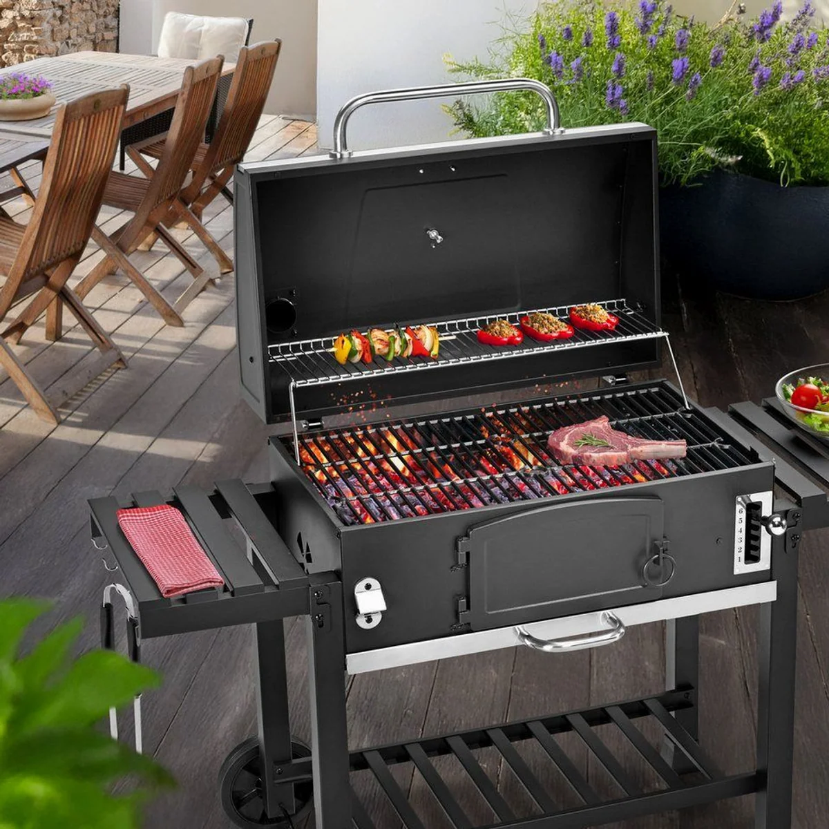 TAINO HERO XXL Holzkohlegrill, große Grillfläche, höhenverstellbare Kohlewanne, inklusive Abdeckhaube 3