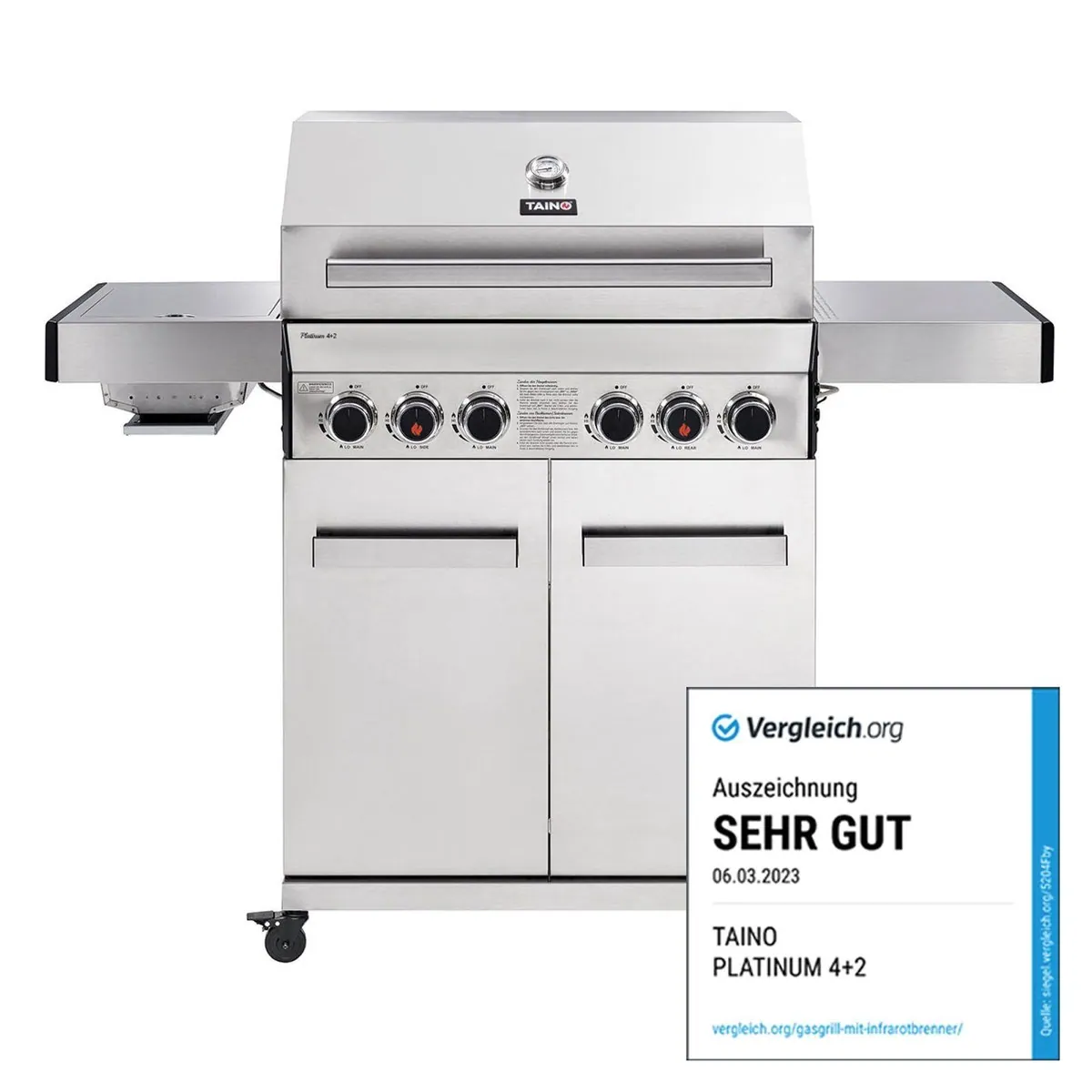 TAINO Gasgrill PLATINUM 4+2, Edelstahl, hohe Leistung, integrierter Seitenbrenner 2