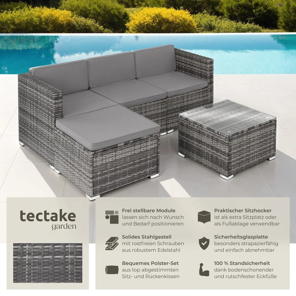 tectake Loungeset Lignano, 5-teilig, UV-beständiges Geflecht, abnehmbare Bezüge 2