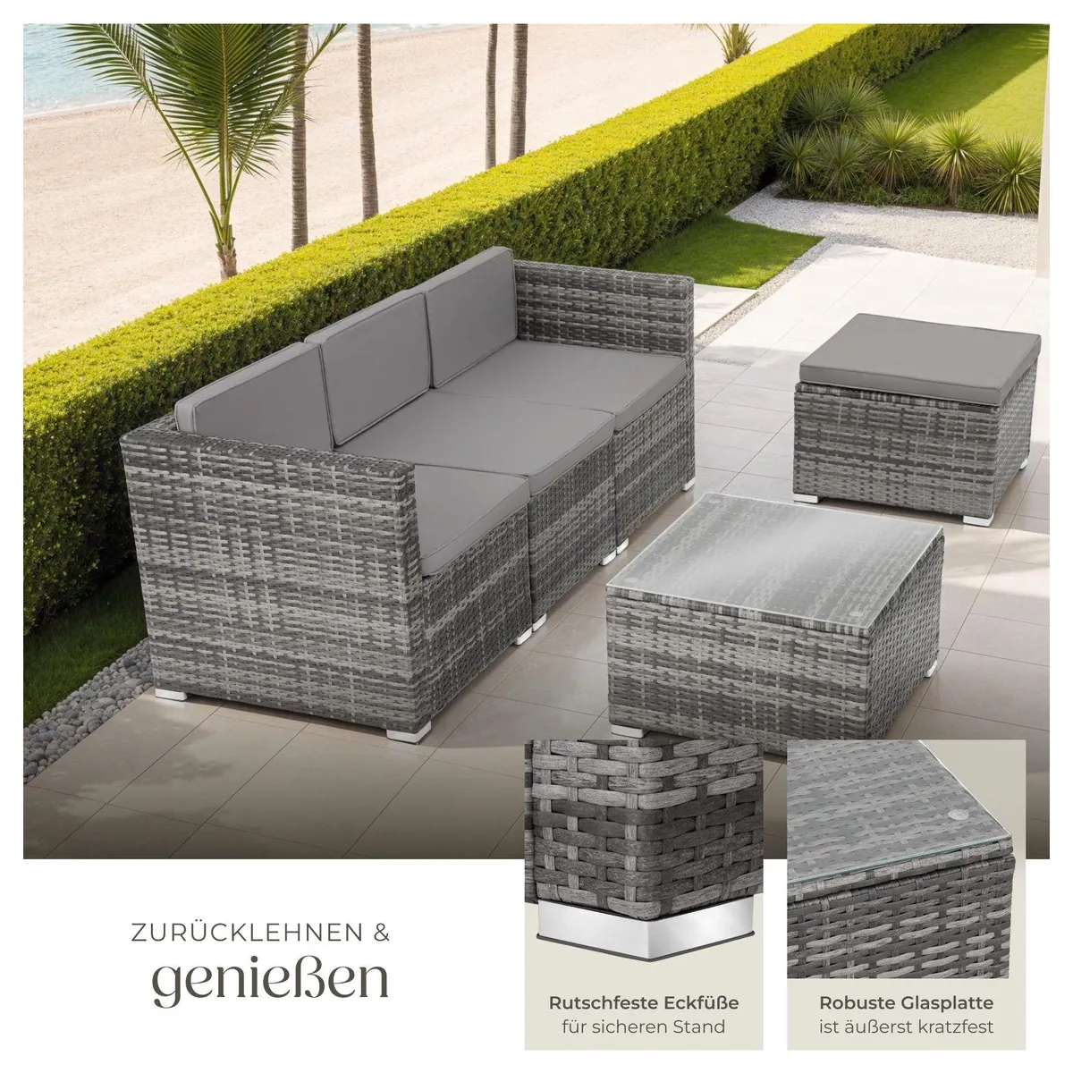 tectake Loungeset Lignano, 5-teilig, UV-beständiges Geflecht, abnehmbare Bezüge 4