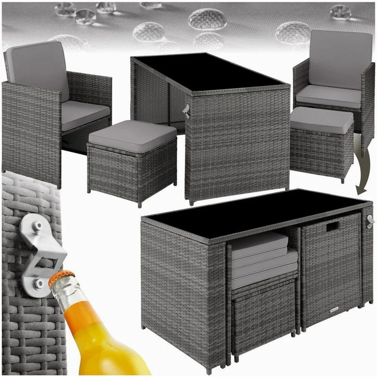 tectake Palermo Rattan-Gartenlounge, für 2-4 Personen, wetterfest, inkl. Flaschenöffner