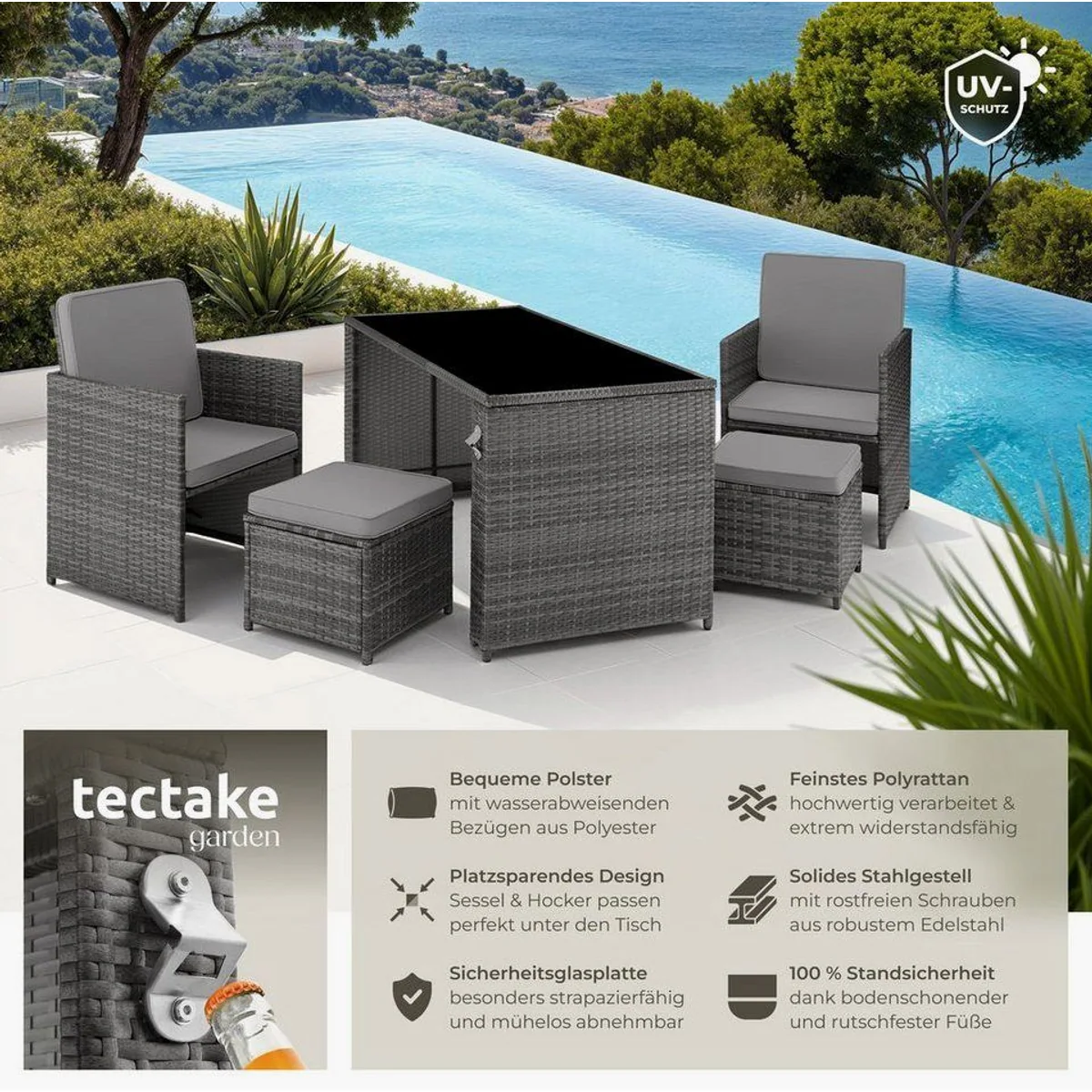tectake Palermo Rattan-Gartenlounge, für 2-4 Personen, wetterfest, inkl. Flaschenöffner 2