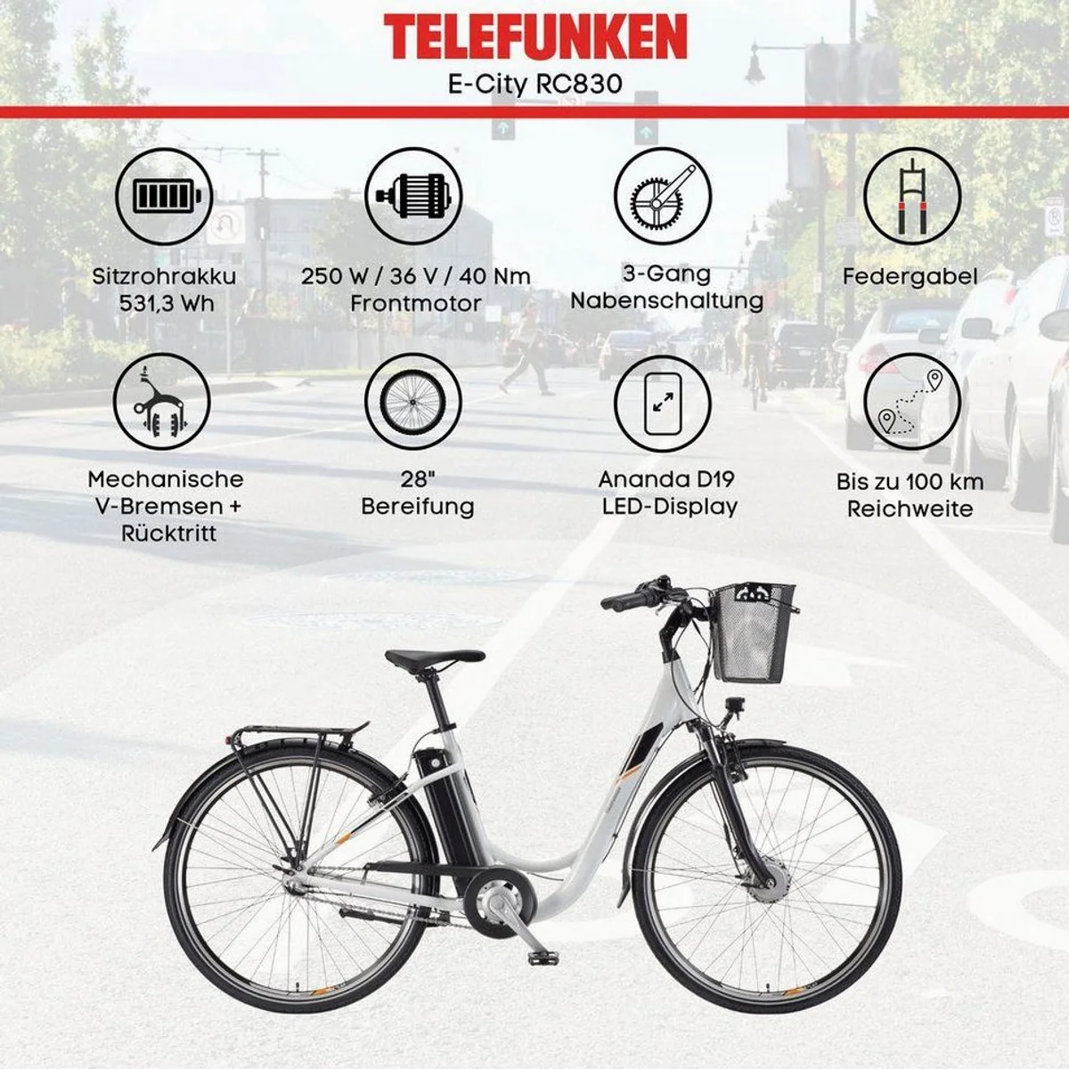 Telefunken E-Bike RC830, 250 W Frontmotor, 3-Gang Schaltung, 531,3 Wh Akku 5