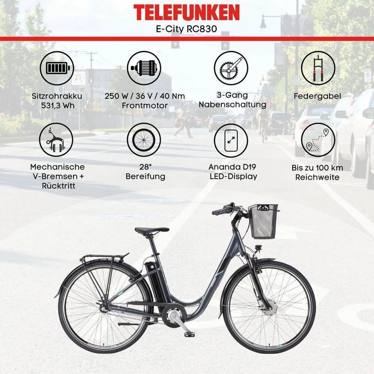 Telefunken E-Bike RC830, 250 W Frontmotor, 3-Gang Shimano Nexus — ideal für Stadtfahrten 4