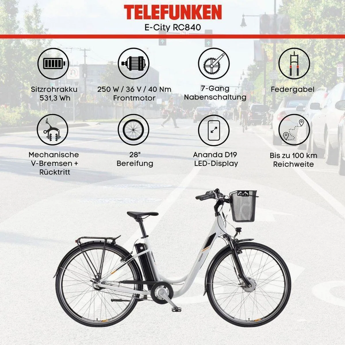 Telefunken E-Bike RC840, 250 W Frontmotor, 7-Gang Shimano Nexus, 531,3 Wh Akku 5