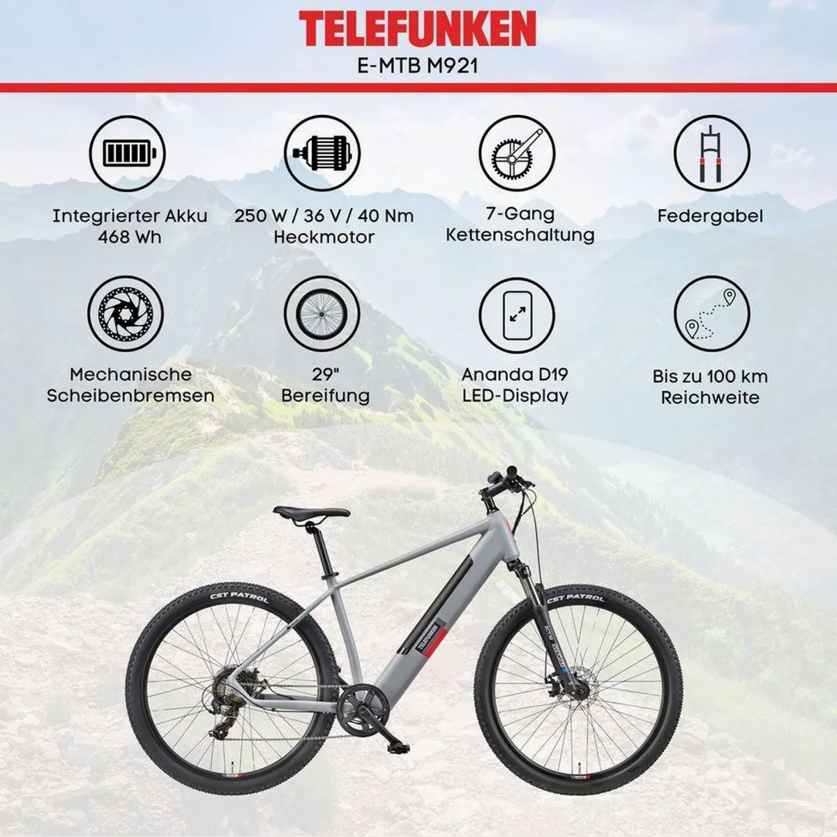 Telefunken Aufsteiger M921 E-Bike, 7 Gang Shimano, Heckmotor, 468 Wh — Sportlich, robust, vielseitig 5