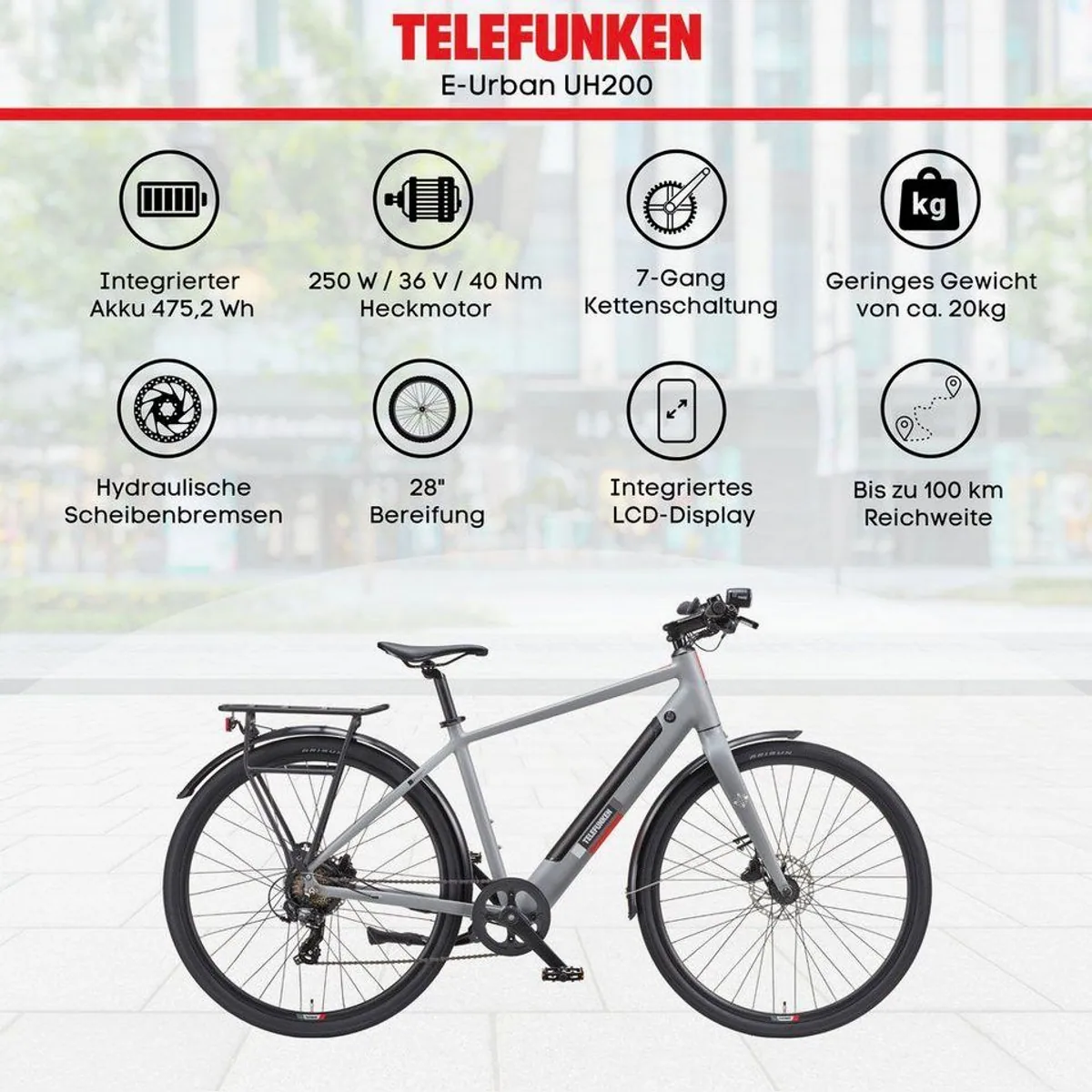 Telefunken E-Bike UH200, 28 Zoll, 7-Gang Shimano, leistungsstarker Heckmotor 5
