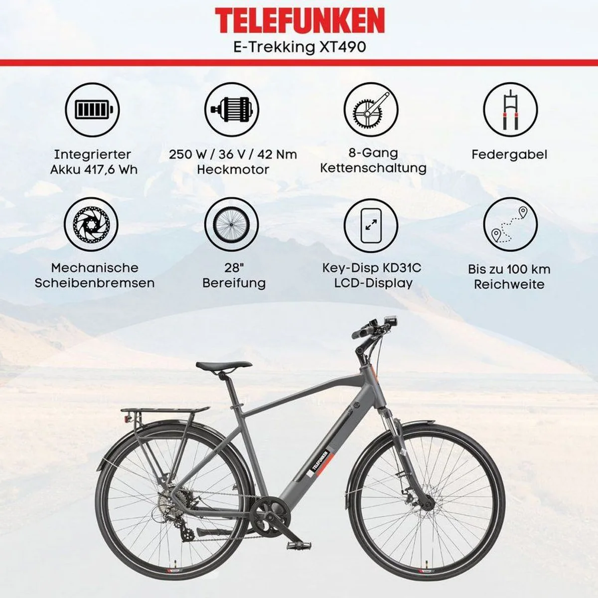 Telefunken E-Bike Expedition XT490 Herren, 28 Zoll, 250 W Heckmotor, 8-Gang Shimano 5