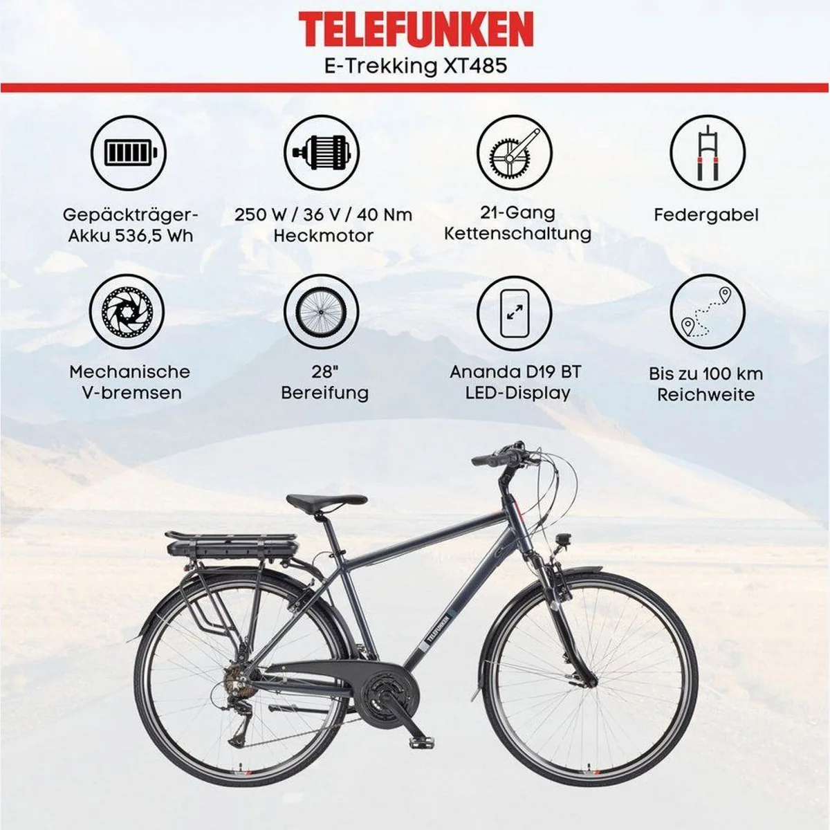 Telefunken E-Bike Expedition XT485 Herren, 21 Gang, 250 W Heckmotor, 100 km Reichweite 5