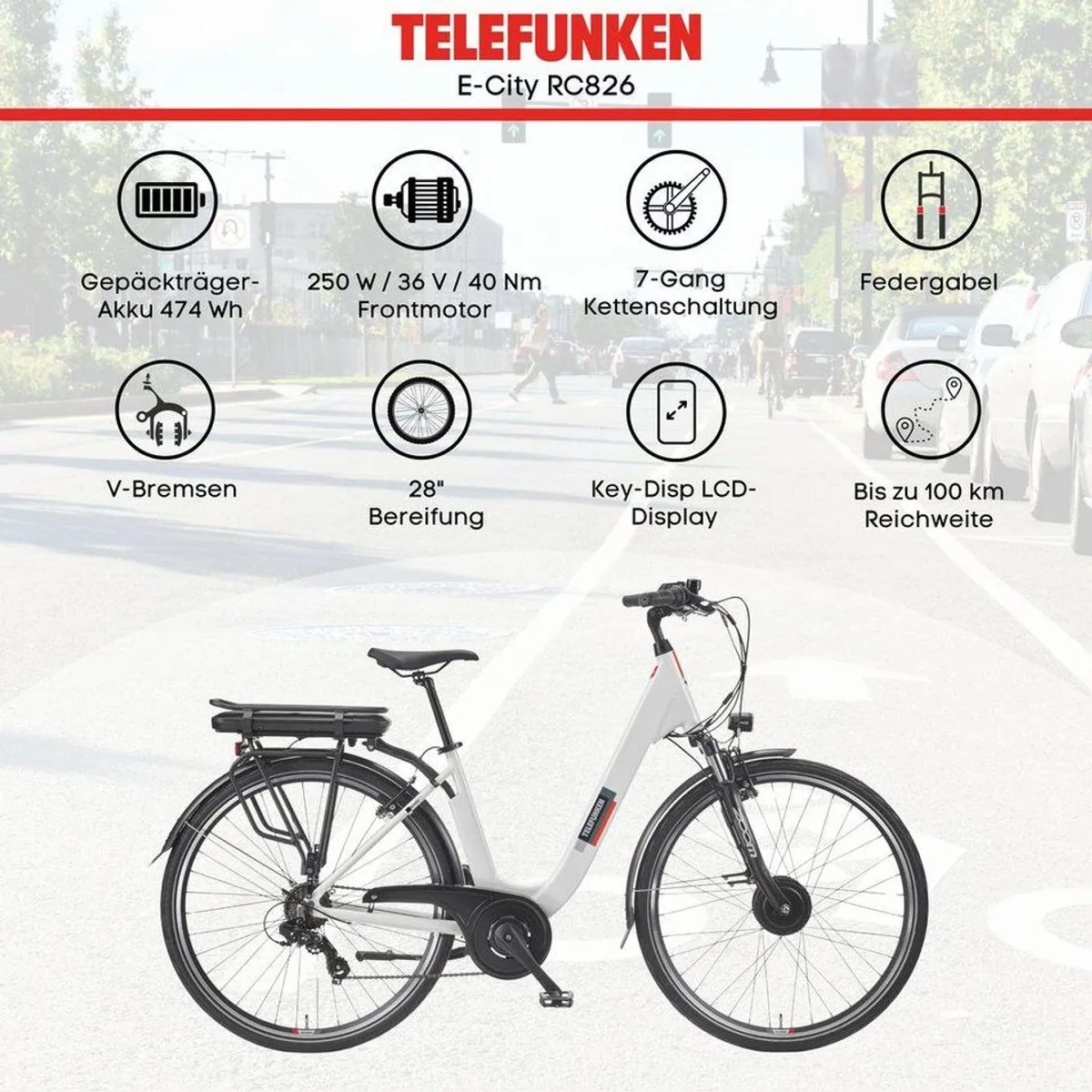 Telefunken E-Bike RC826, 250 W Frontmotor, 7-Gang Shimano, tiefer Einstieg — ideal für die Stadt 5
