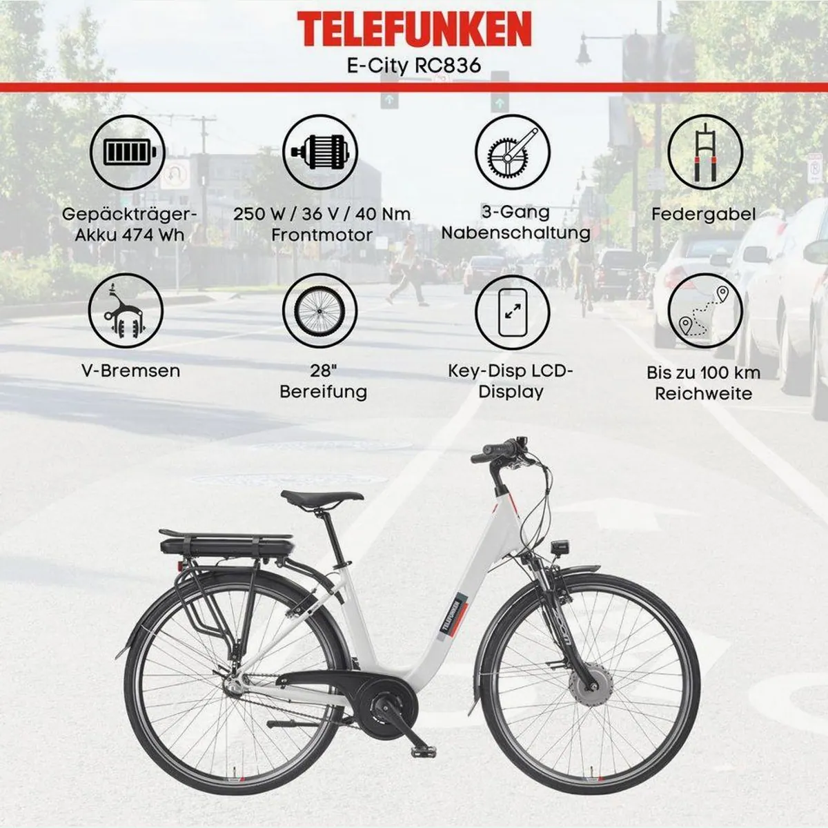 Telefunken E-Bike RC836, 3-Gang Nabenschaltung, leistungsstarker Frontmotor — ideal für die Stadt 5