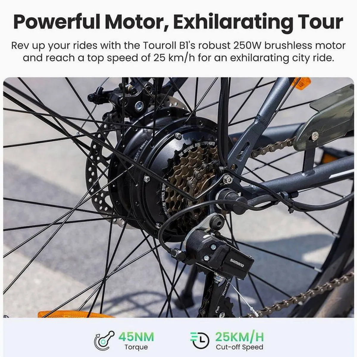 Touroll B1 E-Bike, 90 km Reichweite, 250 W Motor, 7-Gang Shimano — ideal für Pendler 3