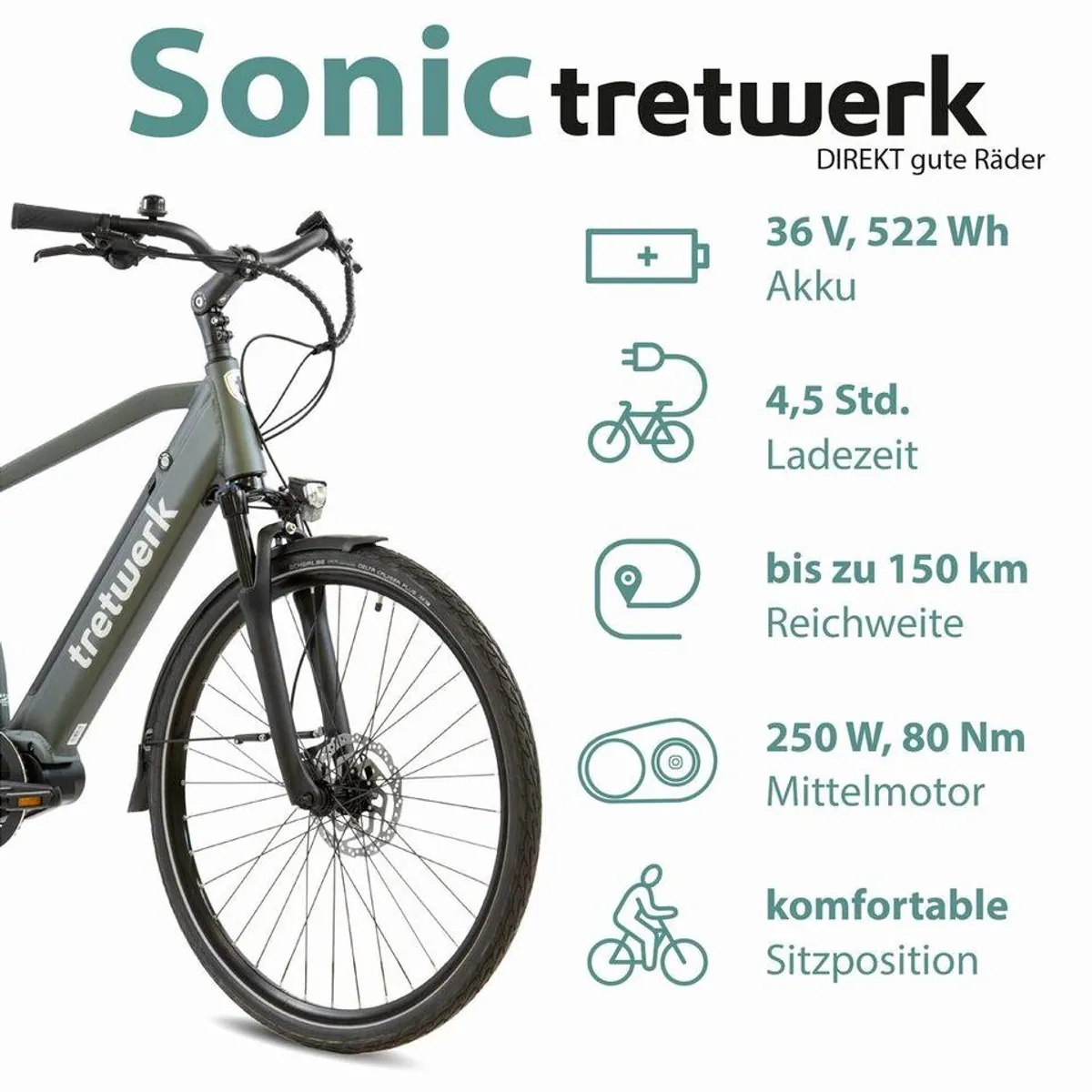 Tretwerk Sonic E-Bike Trekkingrad, 8 Gang Shimano Acera, 522 Wh Akku — Komfort, Leistung, Vielseitigkeit 3