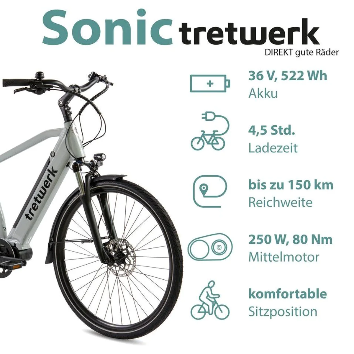 Tretwerk Sonic E-Bike Trekkingrad, 8 Gang Shimano Acera, 522 Wh — Komfort, Vielseitigkeit, Sicherheit 3