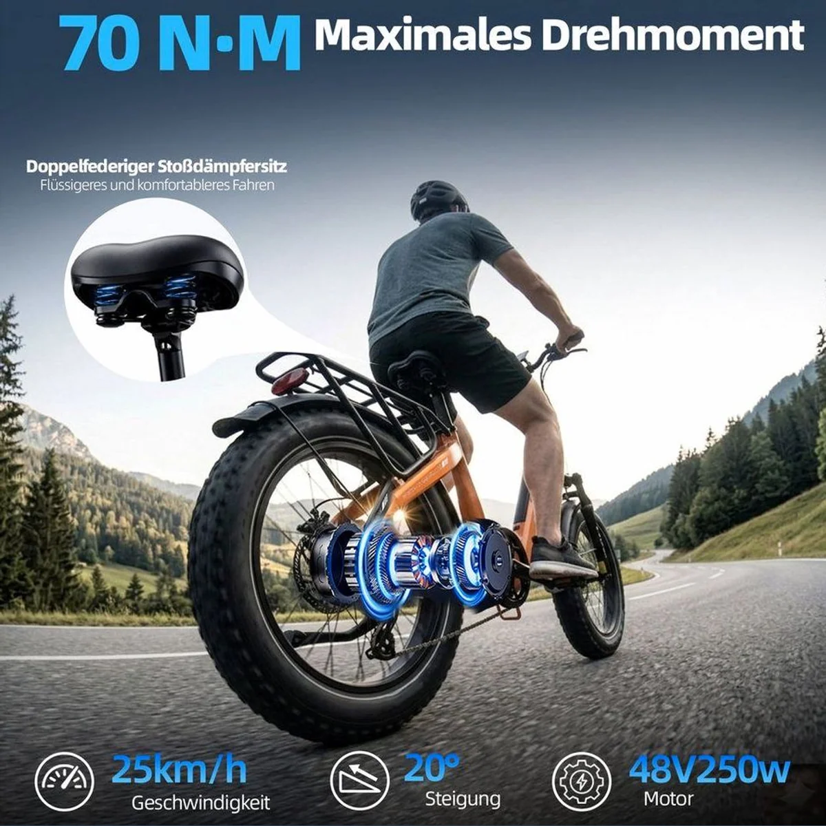 TTGO E-Bike Klapprad 20 Zoll, 70Nm Drehmoment, 864Wh Akku, 7-Gang Shimano 3
