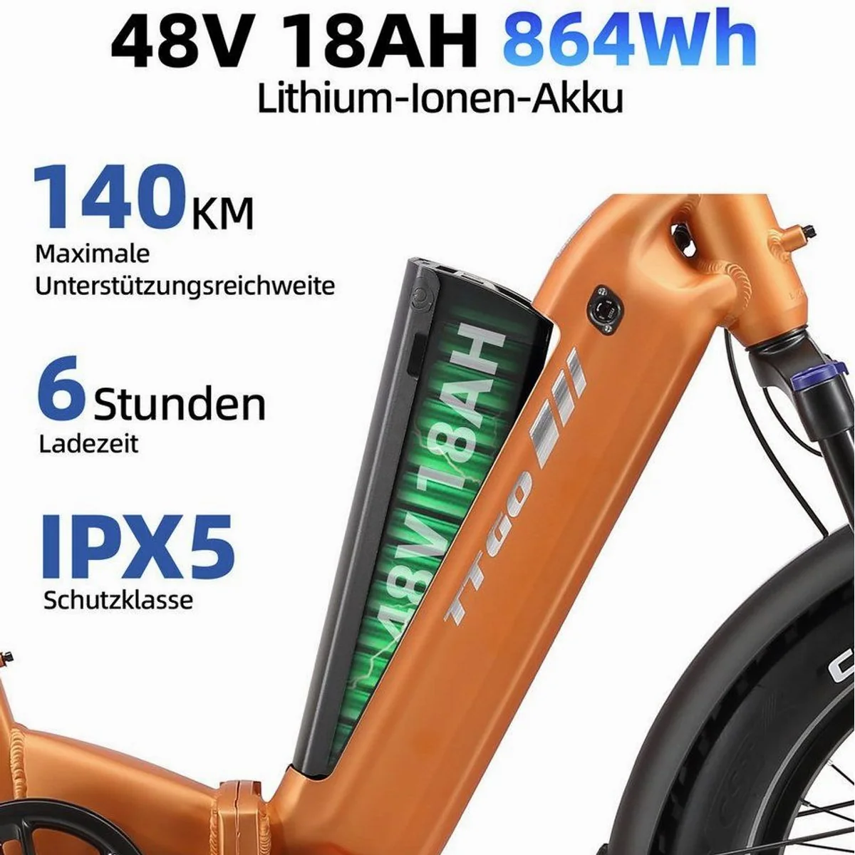 TTGO E-Bike Klapprad 20 Zoll, 70Nm Drehmoment, 864Wh Akku, 7-Gang Shimano 4