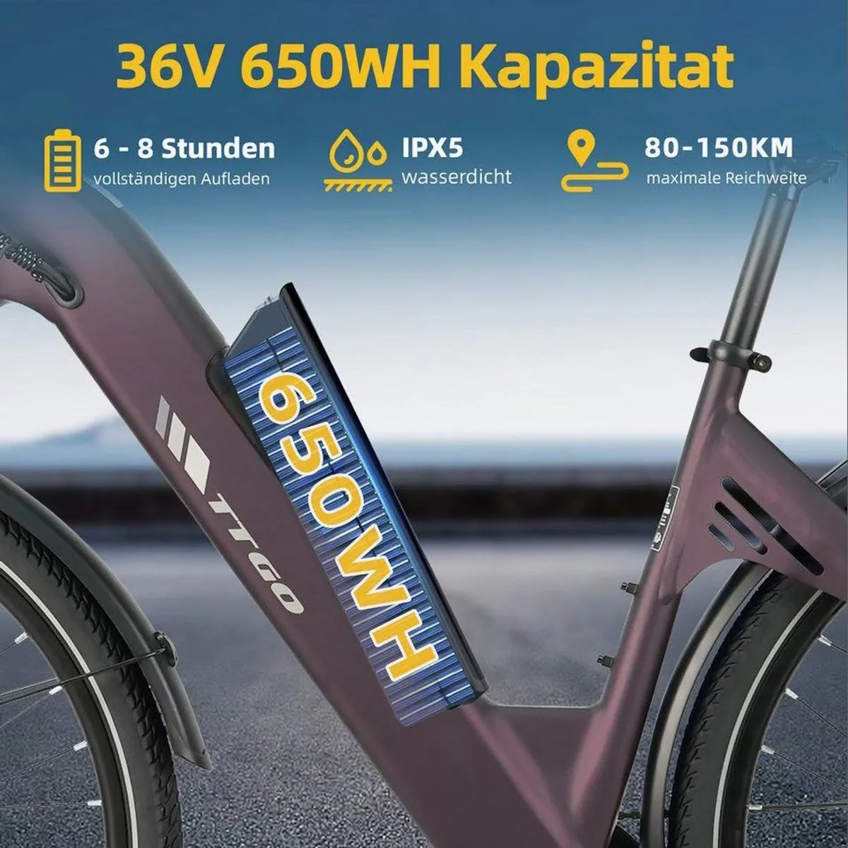 TTGO E-Bike Cityrad 28 Zoll, 150 km Reichweite, 7-Gang Shimano, 25 kg, Heckmotor 3