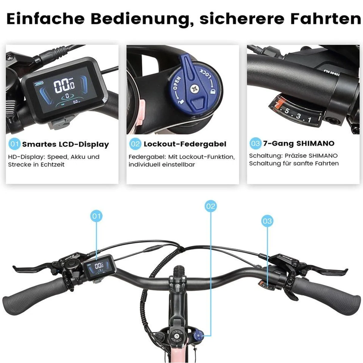 Vankel E-Bike Cityrad, 460,8Wh Akku, Shimano 7-Gang, Lockout-Federgabel 4