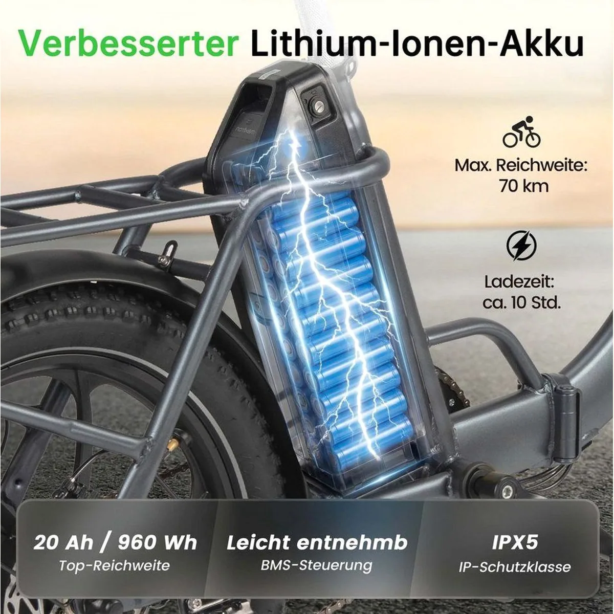 Vankel E-Bike E1, faltbar, 120 km Reichweite, 20 AH Akku — ideal für Pendler 4