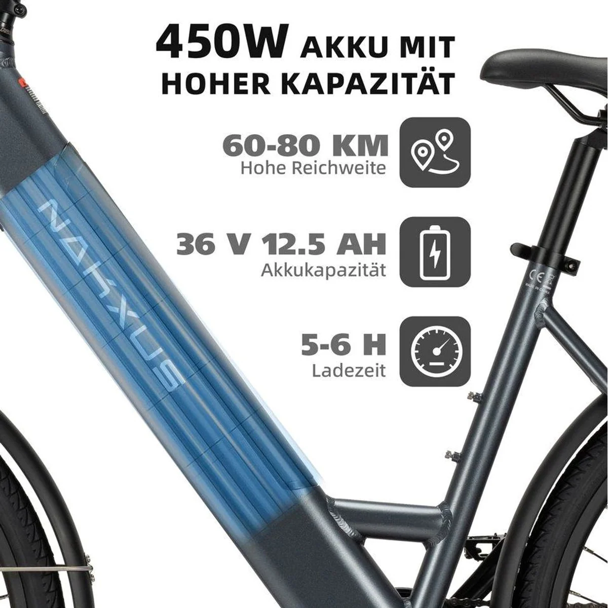 Vankel City E-Bike 26 Zoll, 250W Heckmotor, 450Wh Akku, App-Steuerung 5