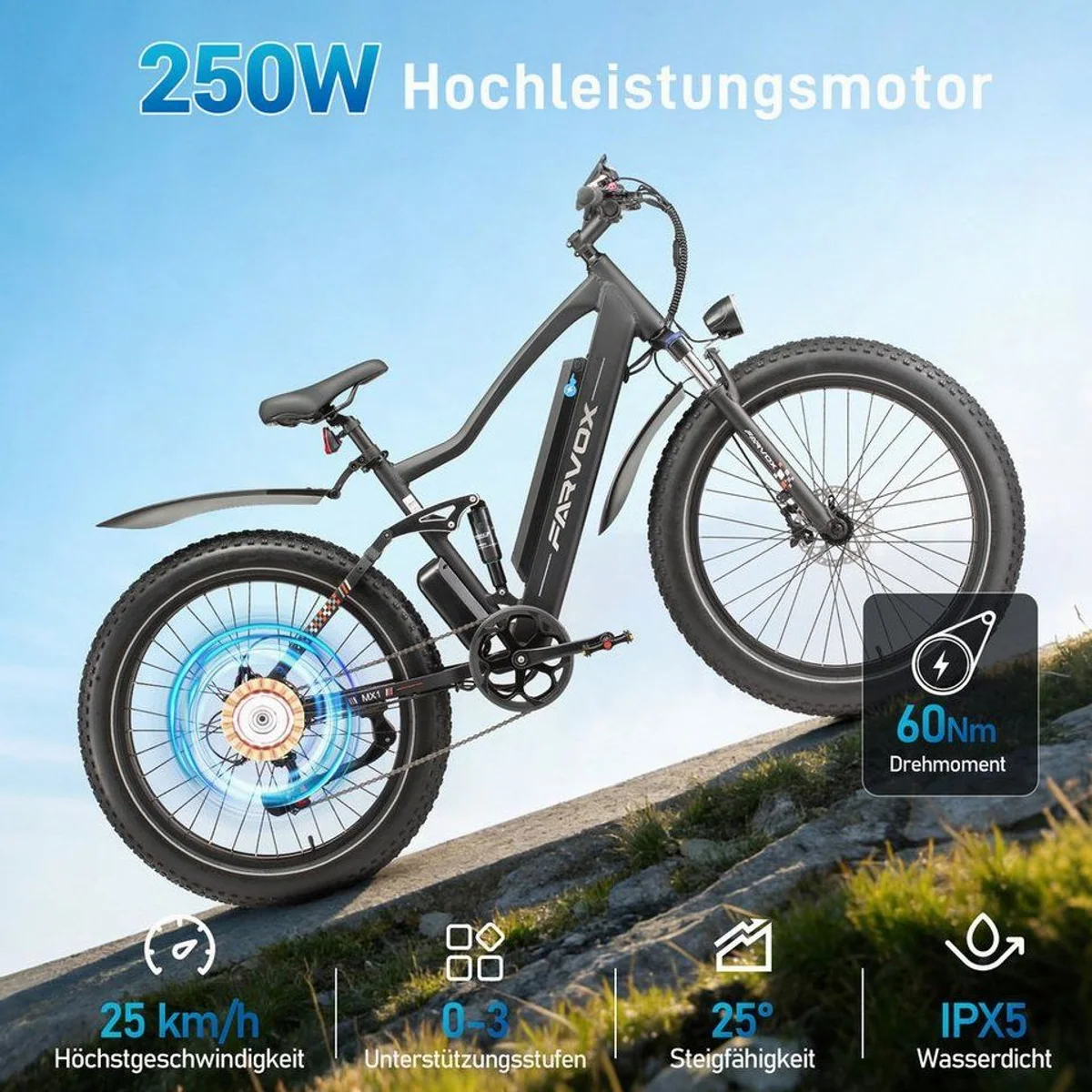 Vankel MX1 E-Bike, 624 Wh Akku, 25 km/h, 7-Gang Shimano — ideal für Pendler und Freizeit 4
