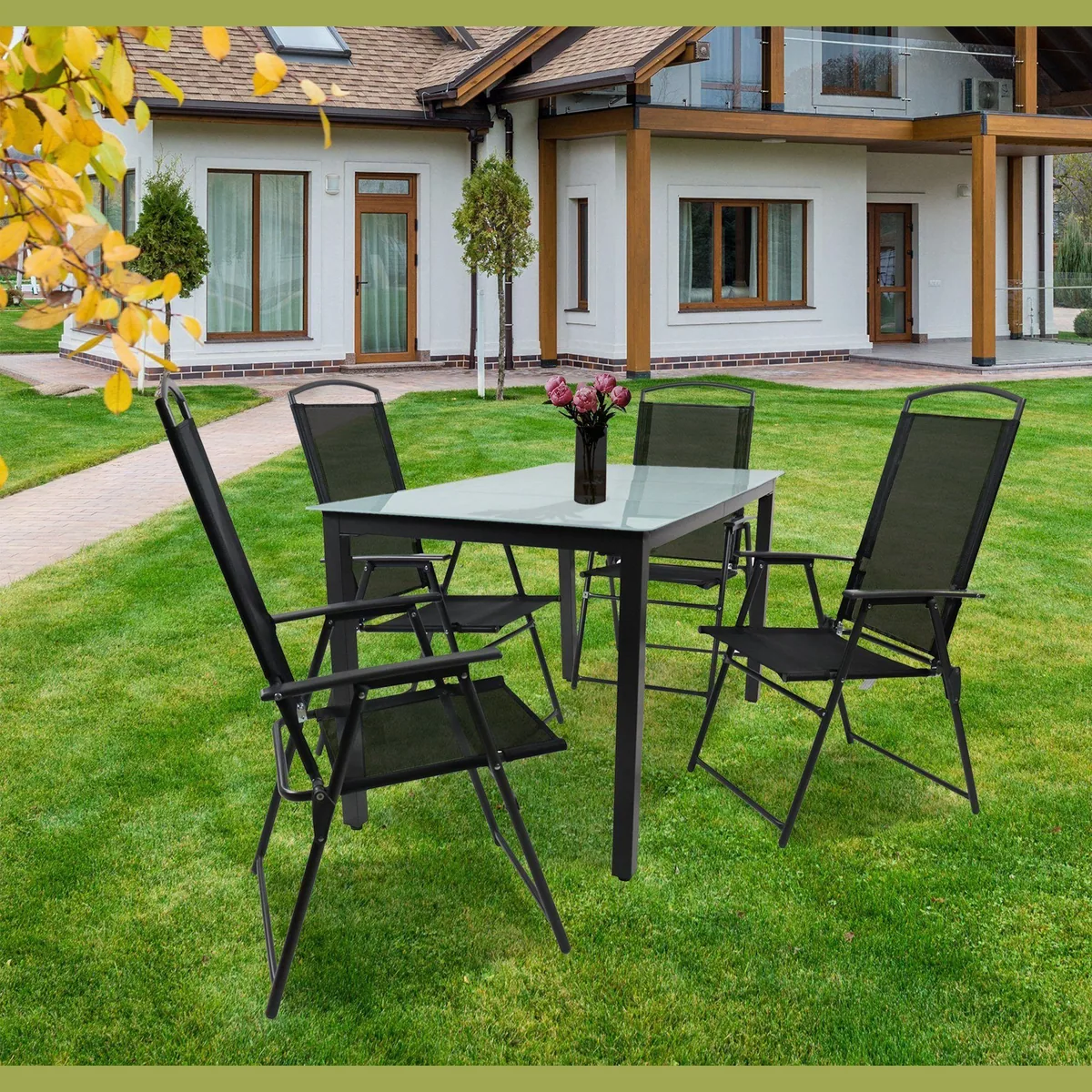 VCM Garlos 7-tlg Garten-Essgruppe, wetterfest, klappbare Stühle, Sicherheitsglas Tischplatte