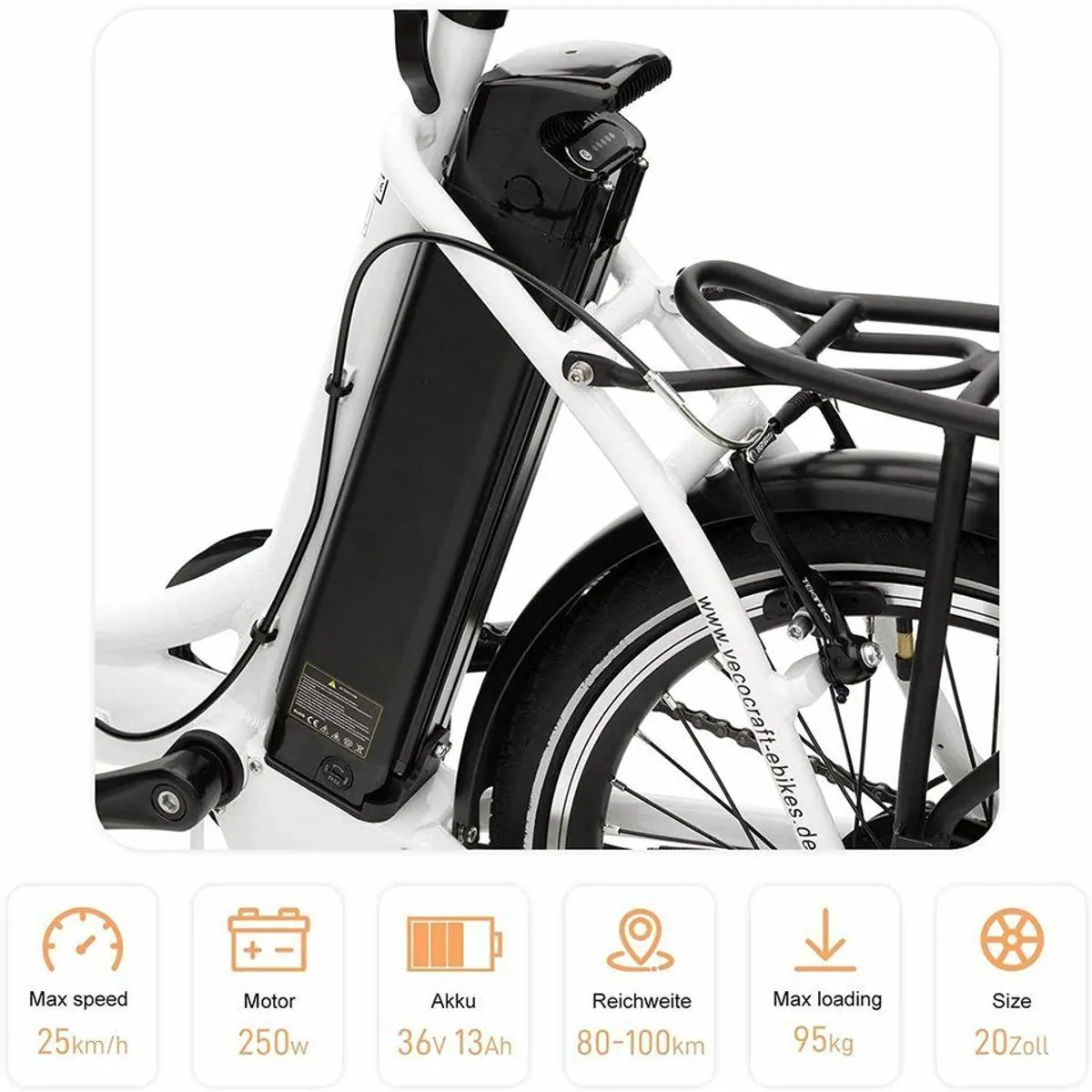 VECOCRAFT E-Pax 20 Zoll E-Bike, 7-Gang Shimano, 250W Heckmotor, 468Wh Akku 3