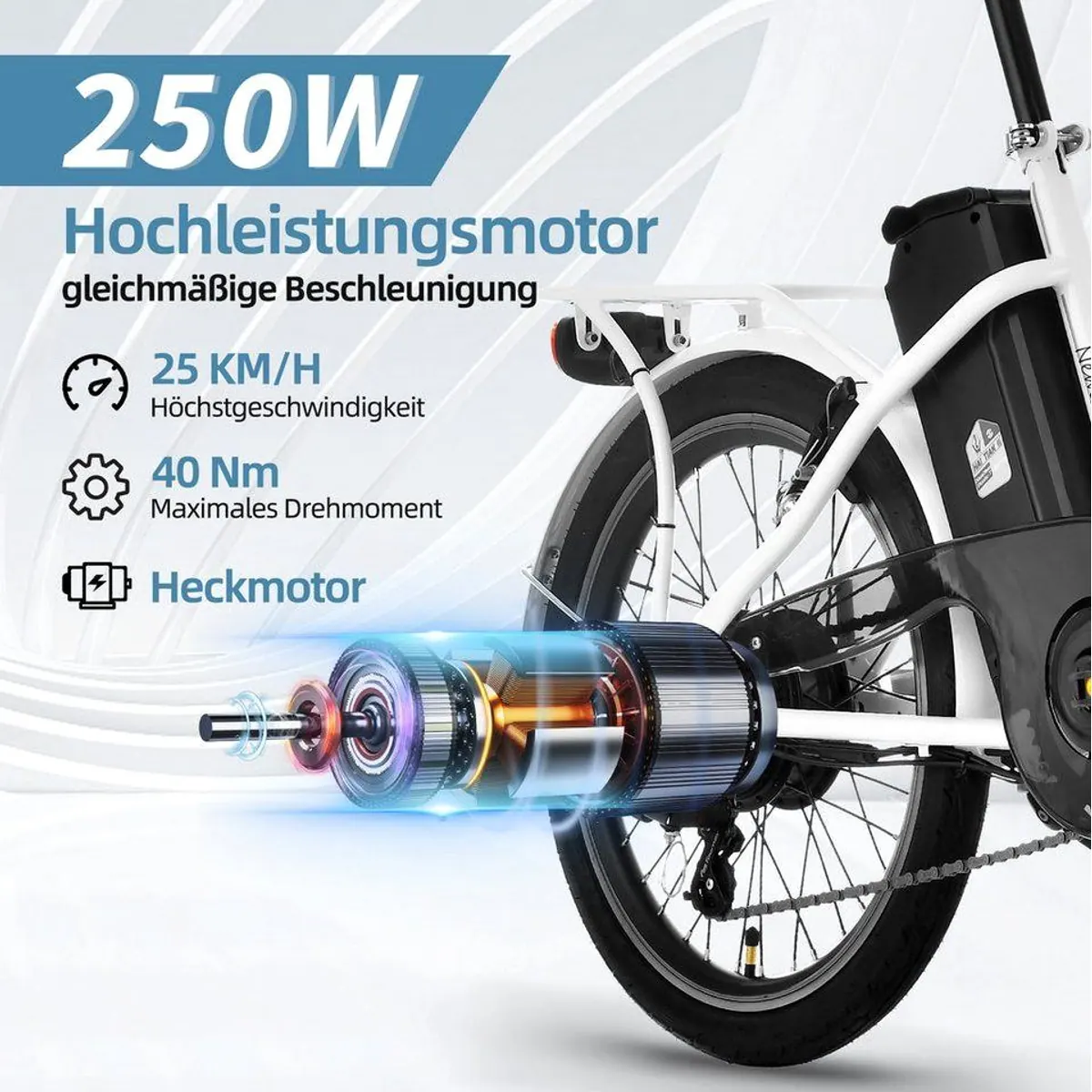 VECOCRAFT E-Bike Faltrad, kraftvoller Heckmotor, abnehmbarer Akku, faltbar — max. 80 km Reichweite 2