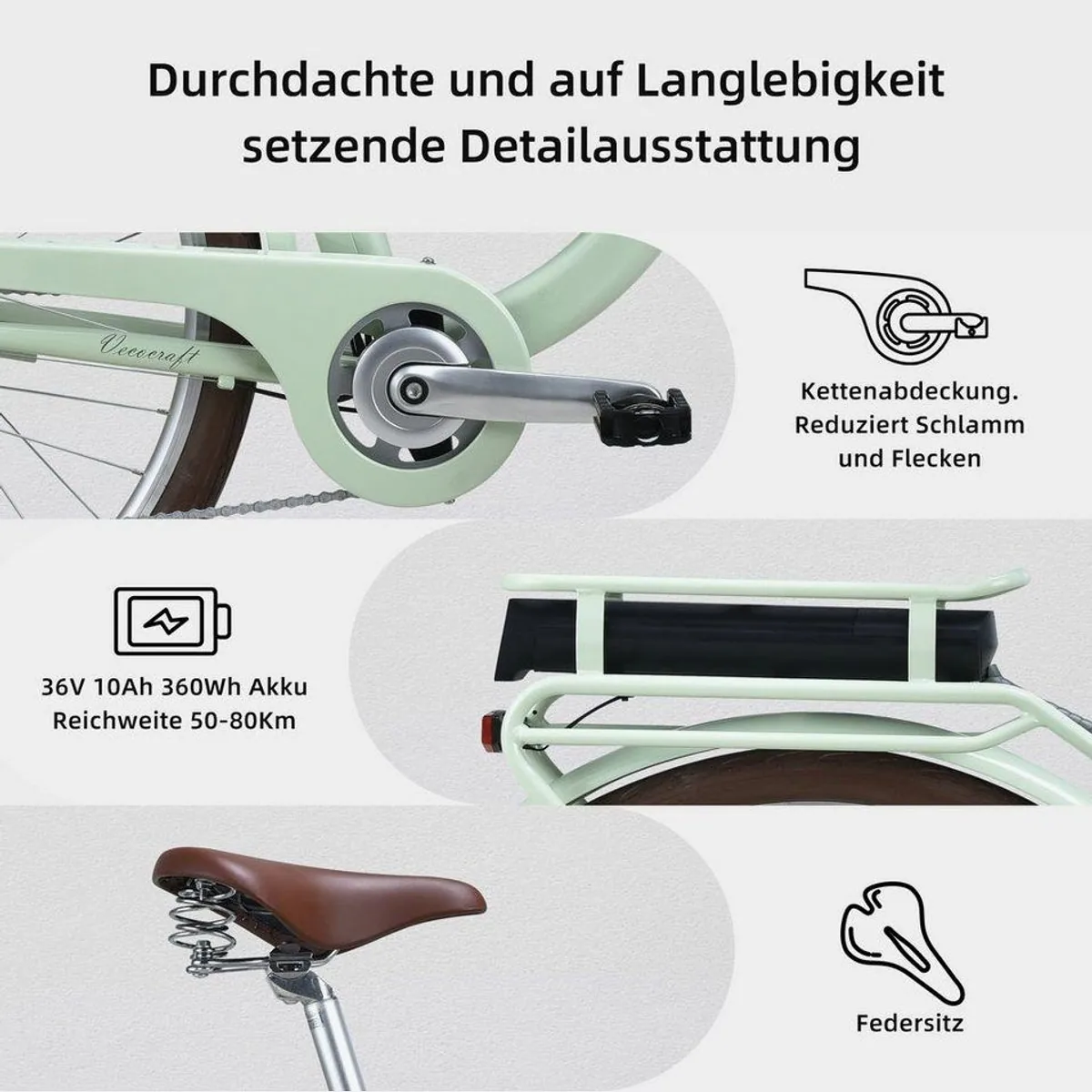 VECOCRAFT E-Bike Cityrad 28’’, 250W Motor, 36V 10Ah Akku, 7-Gang Shimano 3