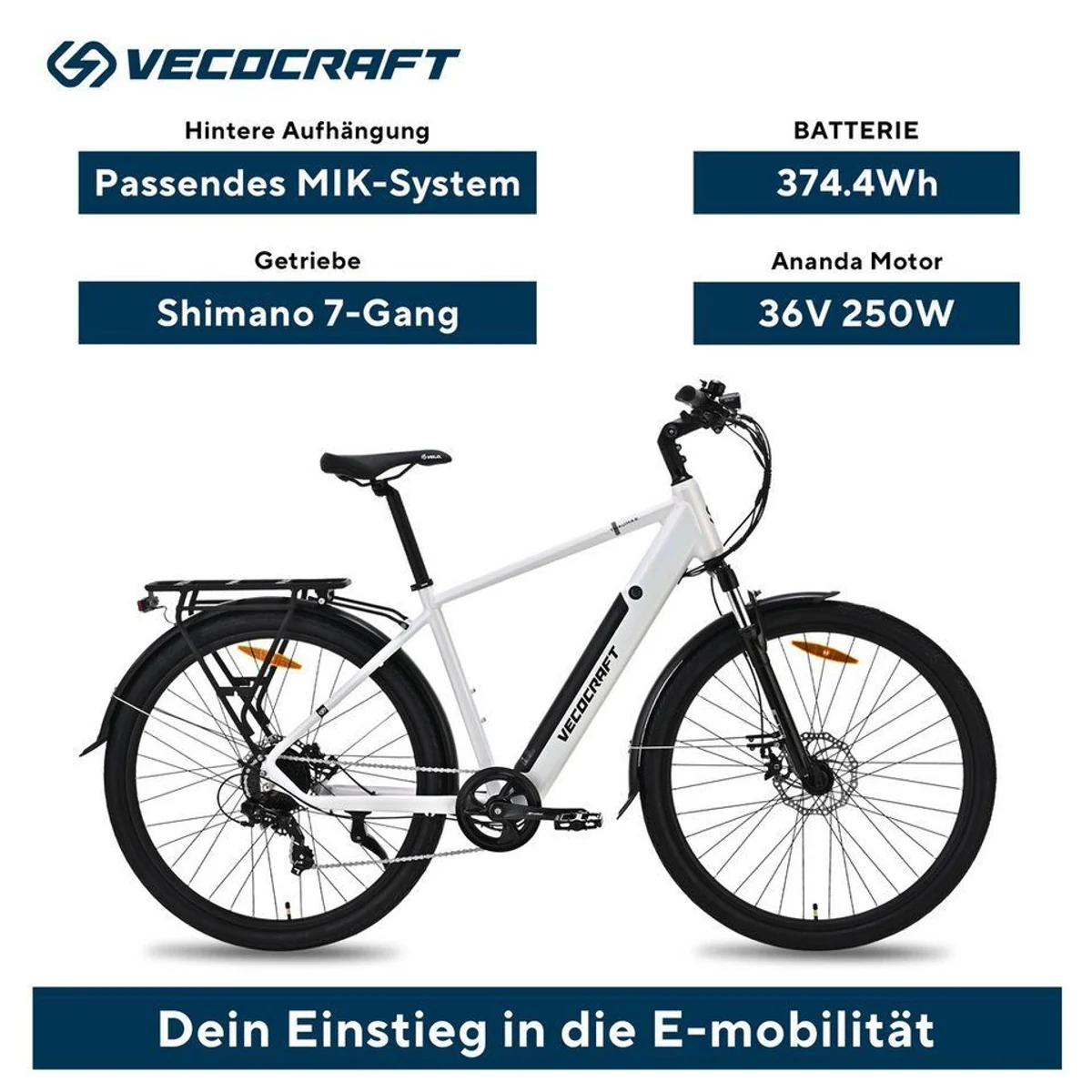 VECOCRAFT E-Bike Thaumas, 28 Zoll, 7-Gang Shimano, Heckmotor, 375 Wh 2