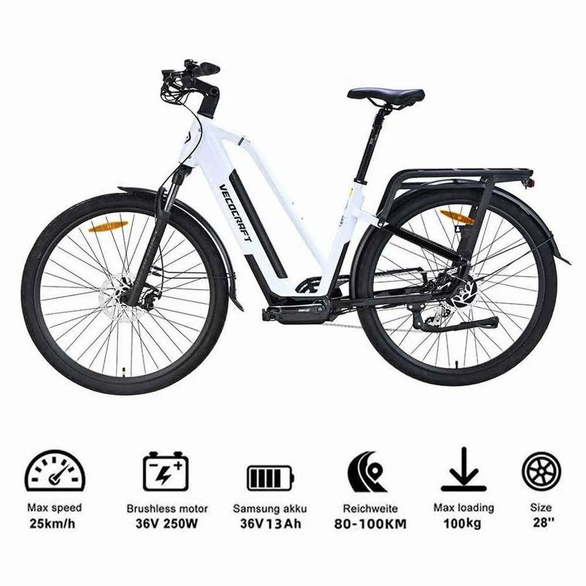 VECOCRAFT GAEA E-Bike Trekkingrad, 250W Heckmotor, 36V 13Ah Akku, 8-Gang Shimano 3