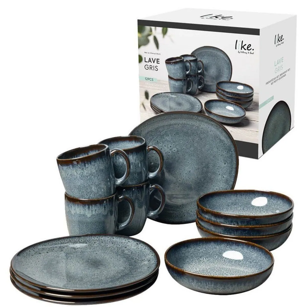 Villeroy & Boch Lave Gris Geschirrset, 12-teilig für 4 Personen, robust und spülmaschinenfest