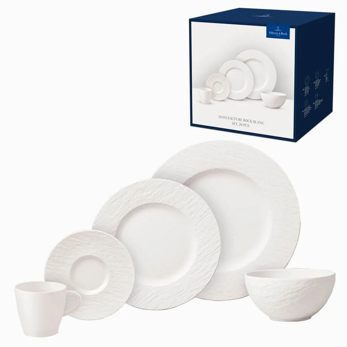 Villeroy & Boch Geschirrset Manufacture Rock blanc 20-teilig, robustes Porzellan, spülmaschinenfest
