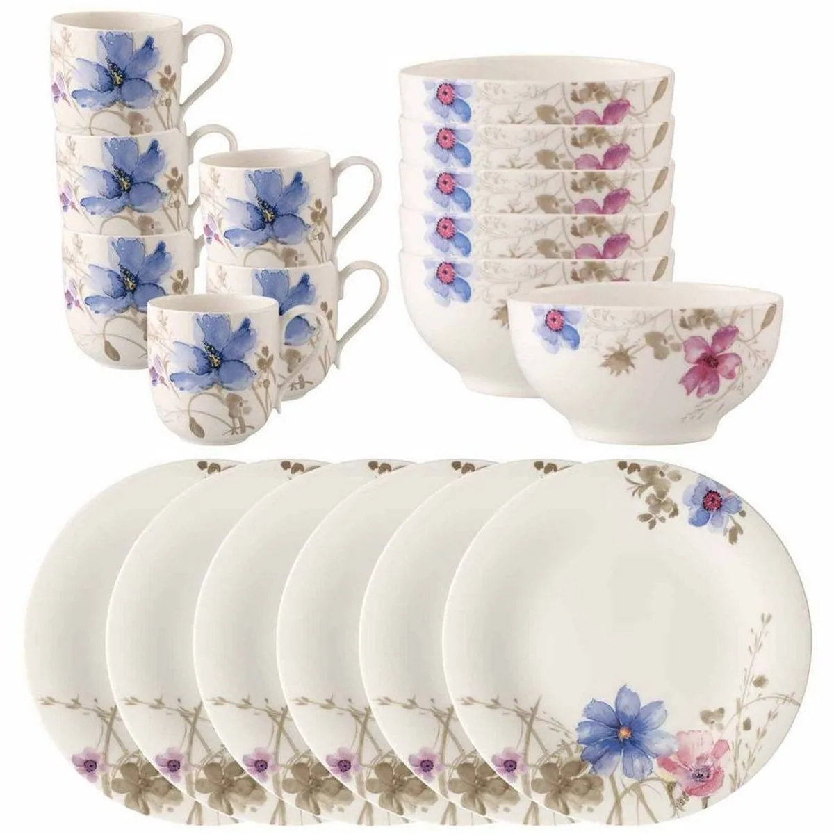 Villeroy Mariefleur Gris Basic Frühstücks-Set, 18-teilig, für 6 Personen, Porzellan