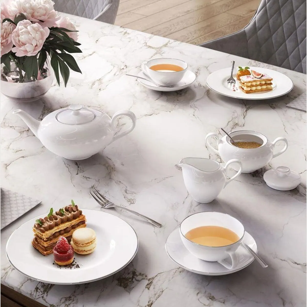 Villeroy Anmut Platinum No.1 Teeservice, elegantes Design, spülmaschinenfest — 13-teilig für 6 Personen 2