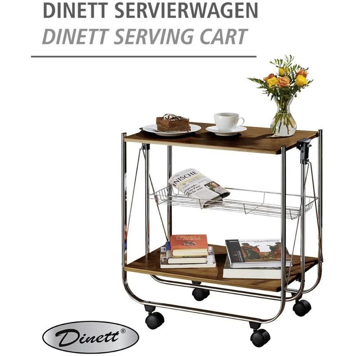 WENKO Dinett Deluxe Servierwagen, 2 Ablagen, zusammenklappbar, 4 Rollen 3